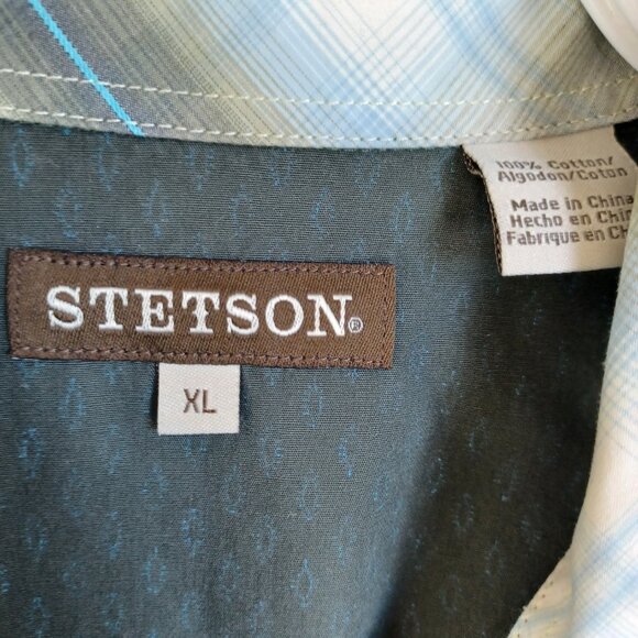Stetson Mens Pearl Snap Western Shirt Green Blue Cotton Small Print size XL - Picture 4 of 11